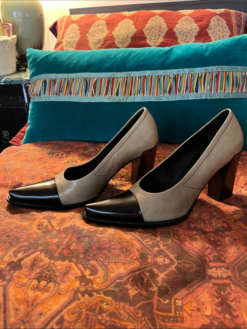 Prada Cap Toe Beige and Black Block Heel Pumps size 37.5